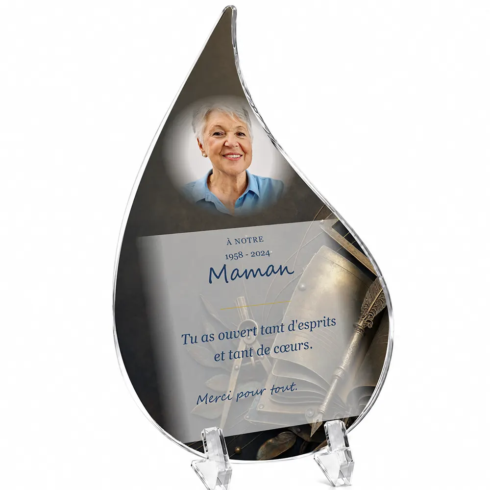 Plaque funéraire flamme Enseignant personnalisée — portrait, texte libre et fond au choix, présentée sur pied plexi