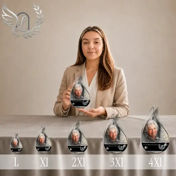 Gamme complète de plaques funéraires en forme de flamme avec finition chrome argent, présentées côte à côte du format L au 4XL, portrait d'enseignante et motifs pédagogiques gravés