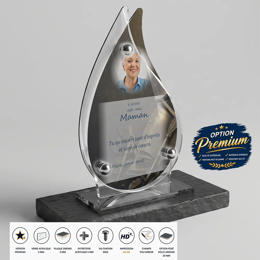 Plaque funéraire flamme Enseignant finition premium présentée sur socle en ardoise