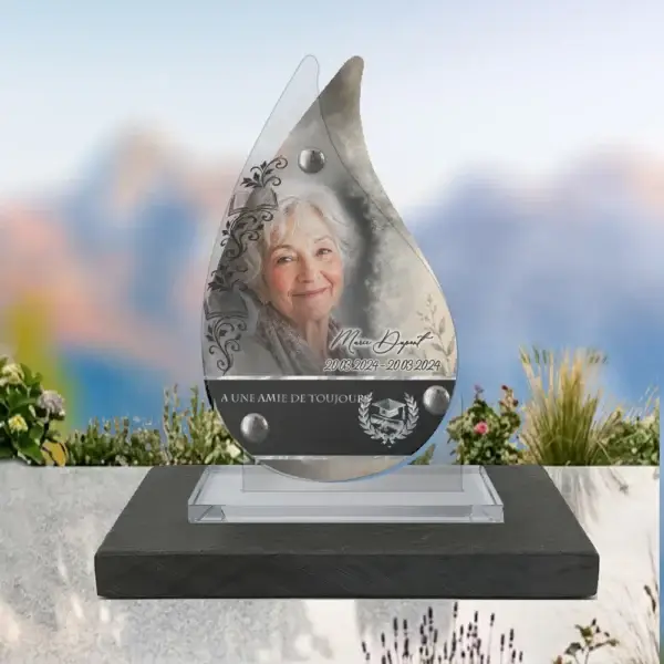 Plaque funéraire flamme enseignant posée sur socle ardoise du Brésil, fixation inox, 1er sous-décor