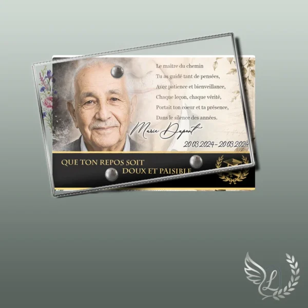 Plaque funéraire panoramique enseignant collée sur pierre tombale, double-face professionnel inclus, 1er sous-décor du thème