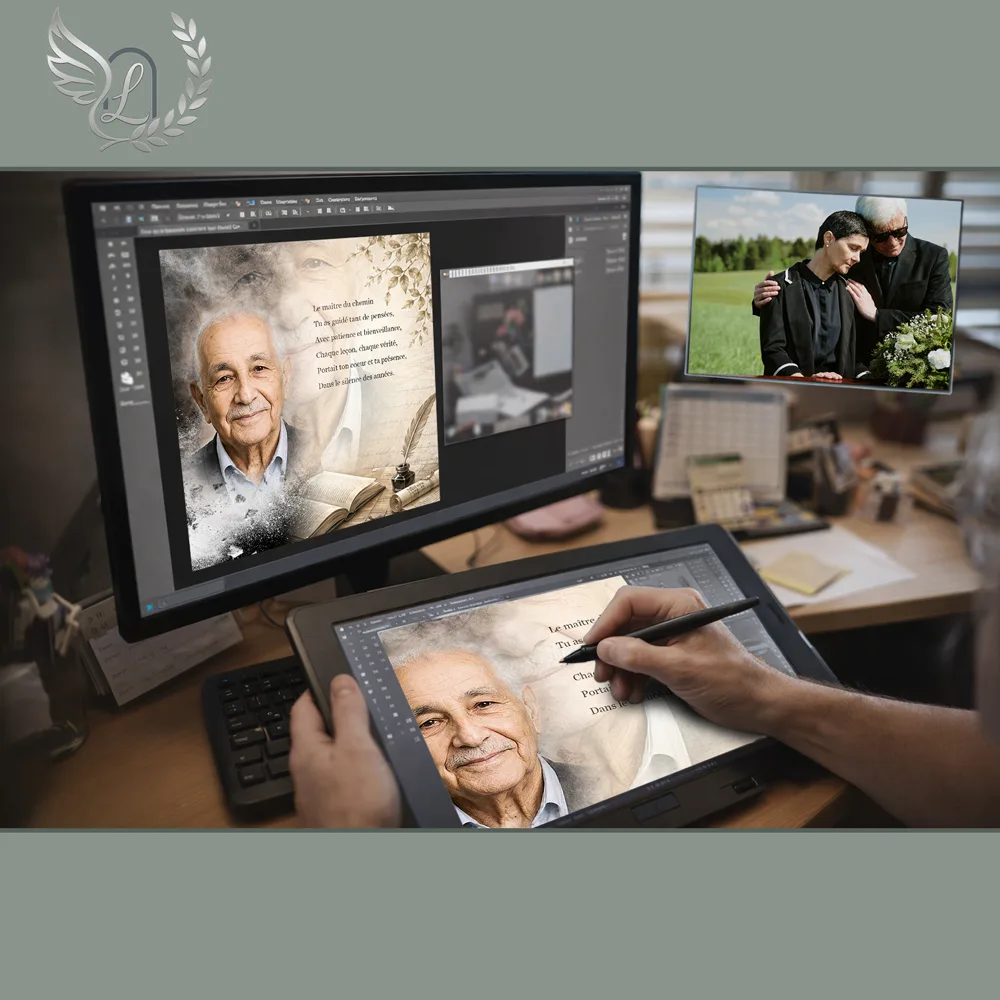 Création artistique plaque funéraire Enseignant sur tablette graphique en studio