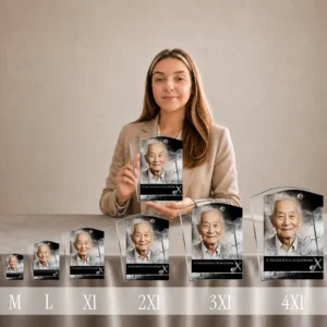 Gamme complète de plaques funéraires rectangles en plexiglas avec finition argent, du format M au 4XL, présentant portrait d'enseignant en noir et blanc avec signature gravée