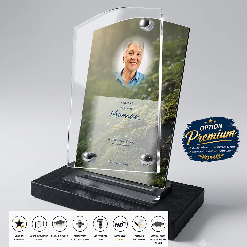 Plaque funéraire stèle Enseignant finition premium présentée sur socle en ardoise