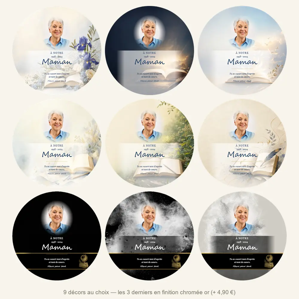 Plaque funéraire circulaire Enseignant — neuf décors de fond au choix