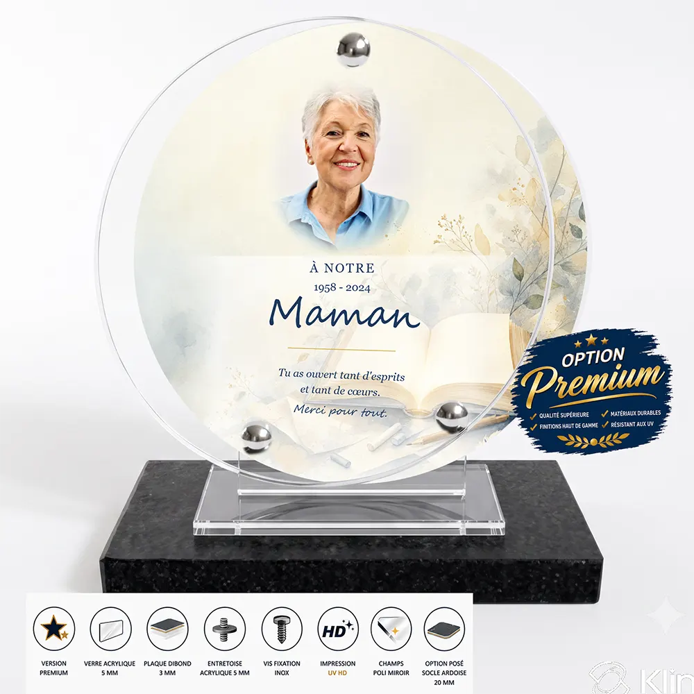 Plaque funéraire circulaire Enseignant finition premium présentée sur socle en ardoise