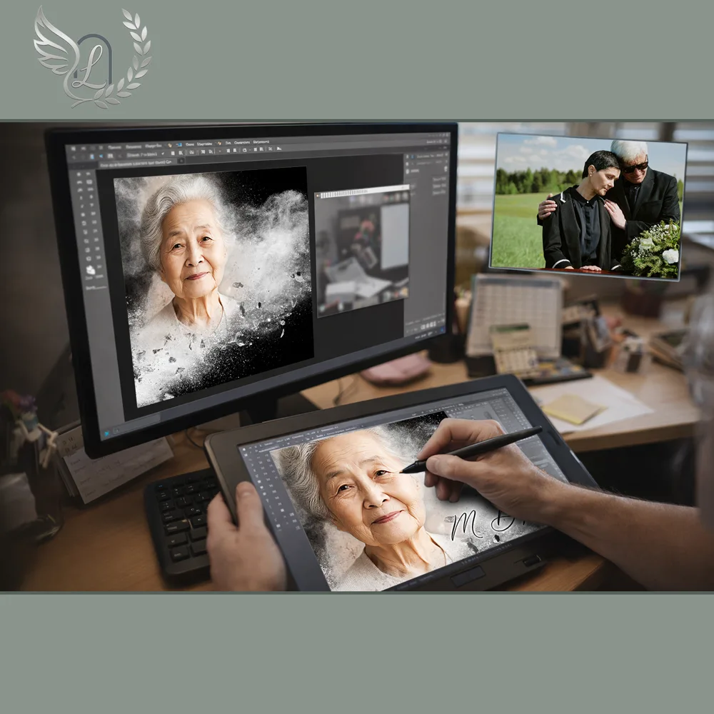Création artistique plaque funéraire Fleurs sur tablette graphique en studio