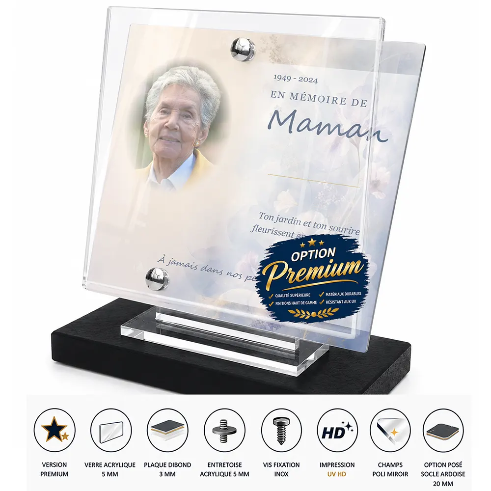 Plaque funéraire carré Fleurs finition premium présentée sur socle en ardoise