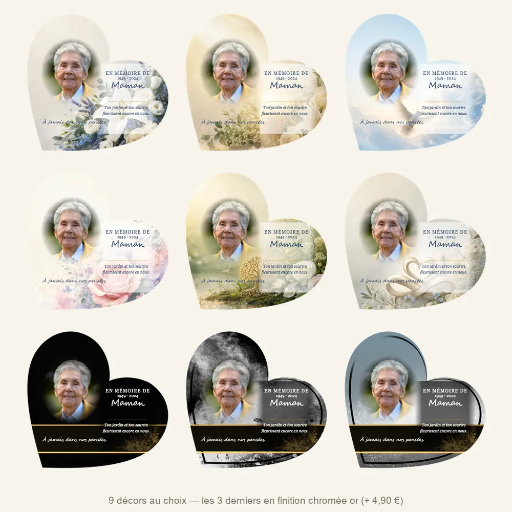 Plaque funéraire cœur Fleurs — neuf décors de fond au choix