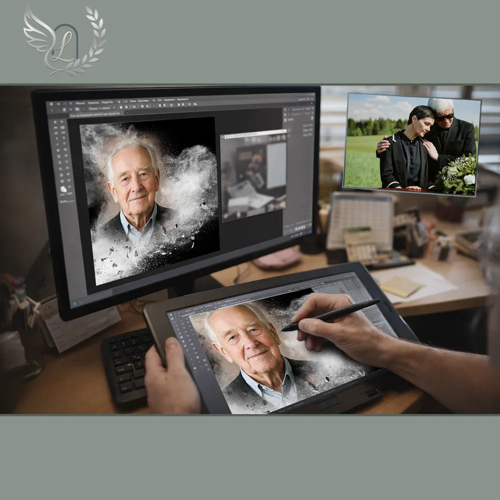 Création artistique plaque funéraire Fleurs sur tablette graphique en studio