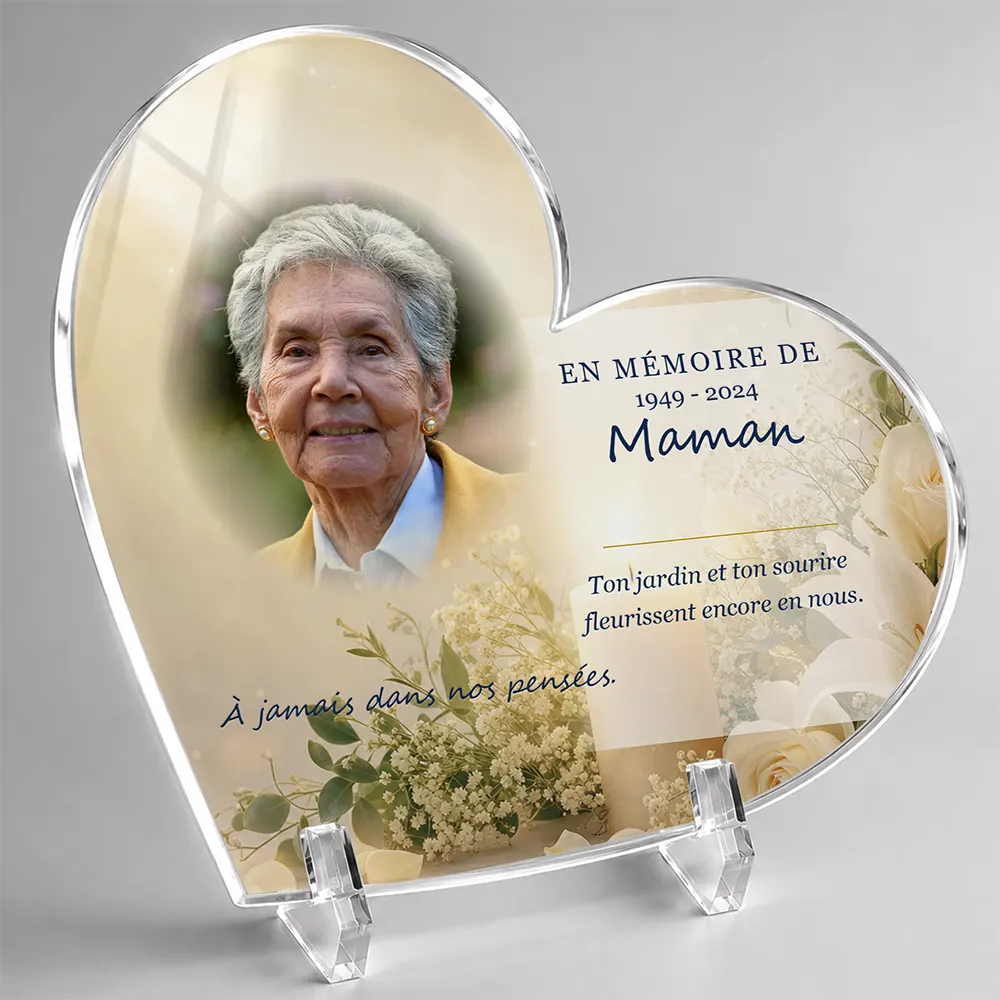 Plaque funéraire cœur Fleurs personnalisée — portrait, texte libre et fond au choix, présentée sur pied plexi