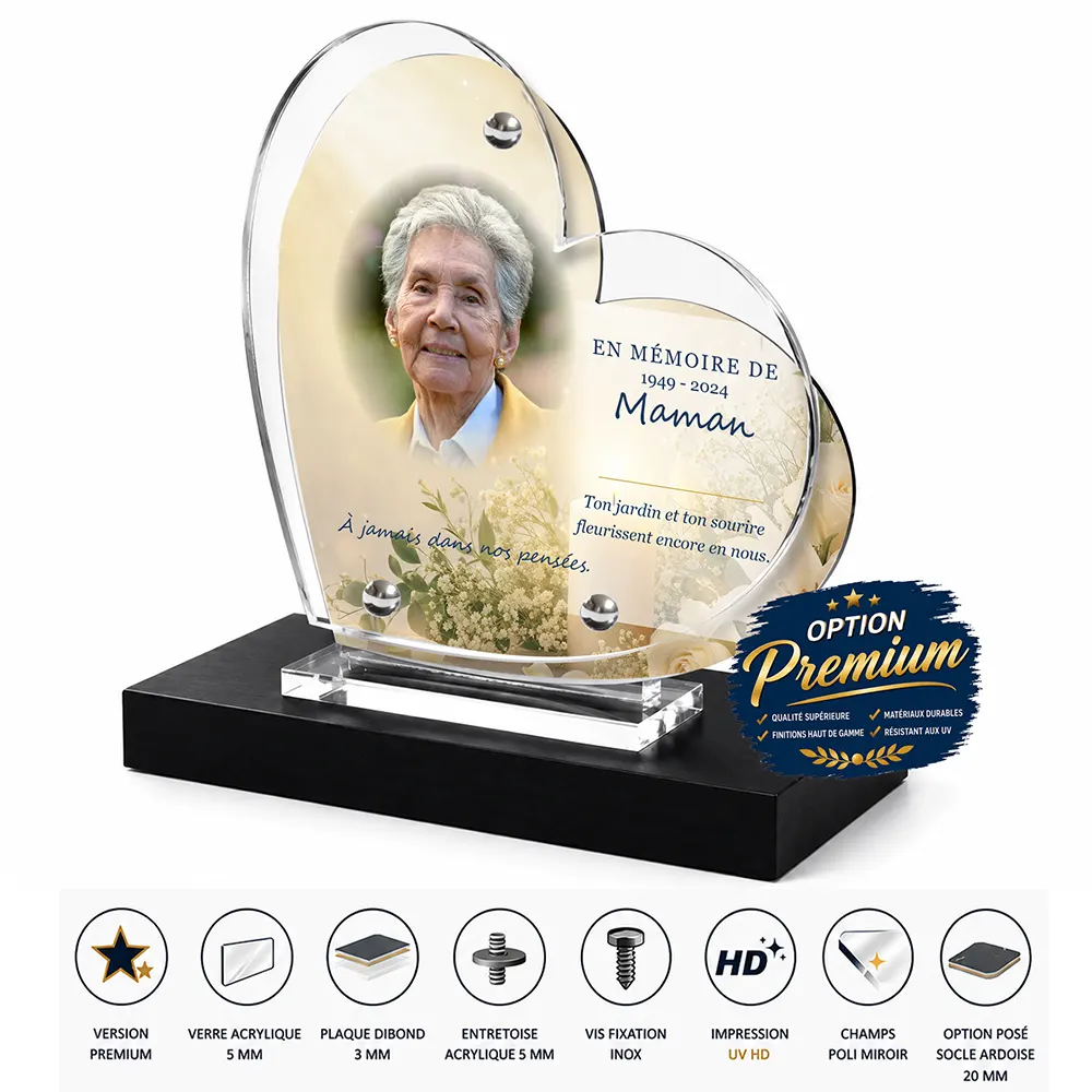 Plaque funéraire cœur Fleurs finition premium présentée sur socle en ardoise
