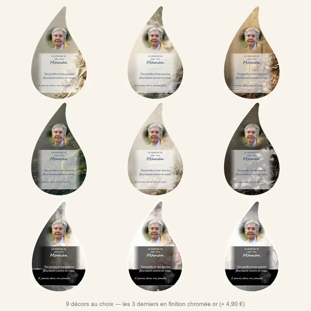 Plaque funéraire flamme Fleurs — neuf décors de fond au choix