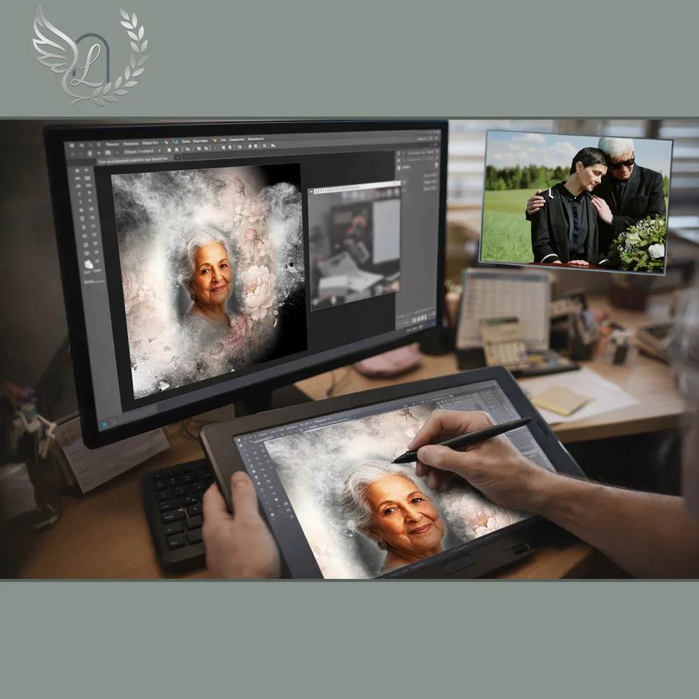 Création artistique plaque funéraire Fleurs sur tablette graphique en studio