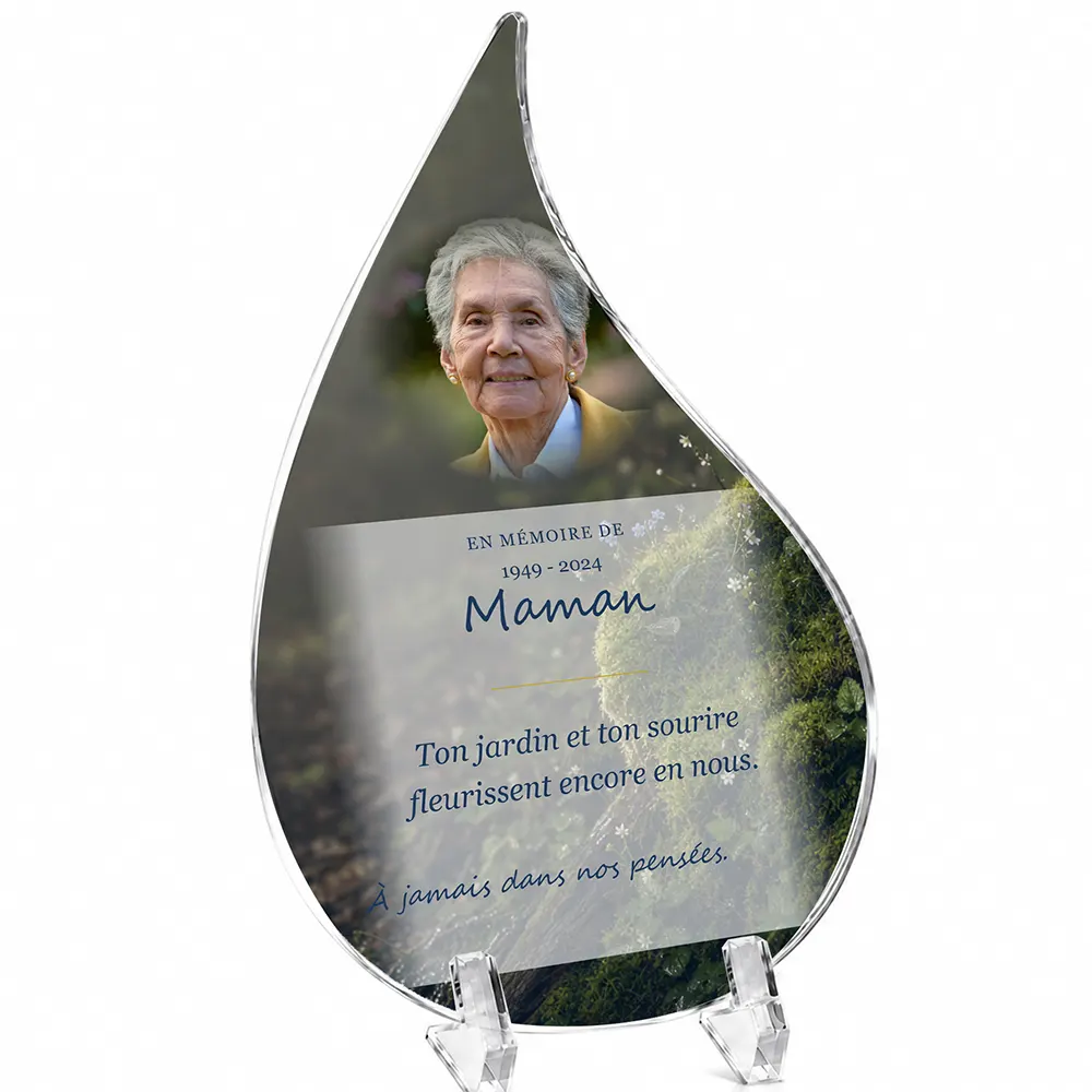 Plaque funéraire flamme Fleurs personnalisée — portrait, texte libre et fond au choix, présentée sur pied plexi