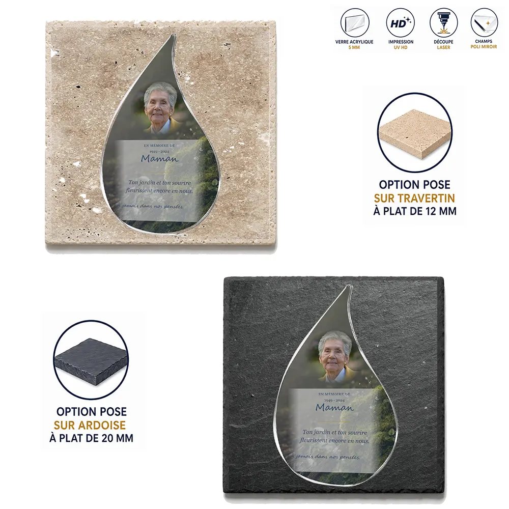 Plaque funéraire flamme Fleurs — supports au choix, socle ardoise ou travertin