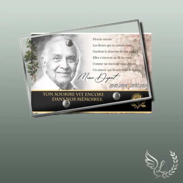 Plaque funéraire panoramique fleurs collée sur pierre tombale, double-face professionnel inclus, 1er sous-décor du thème