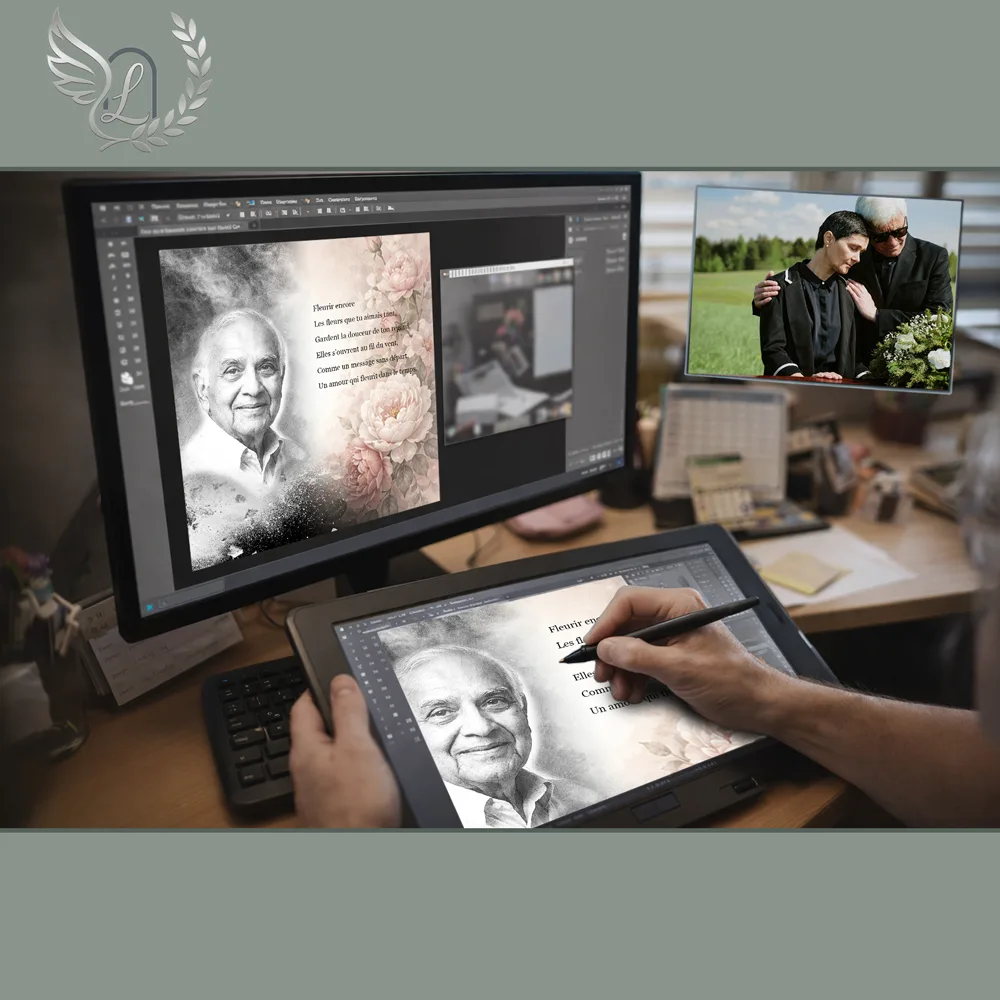 Création artistique plaque funéraire Fleurs sur tablette graphique en studio