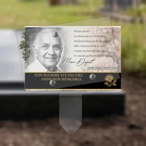 Plaque funéraire panoramique fleurs plantée par appendice plexiglas, sol meuble ou pot, 1er sous-décor
