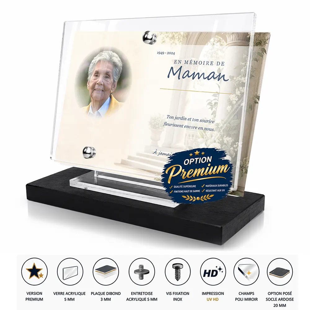 Plaque funéraire panoramique Fleurs finition premium présentée sur socle en ardoise