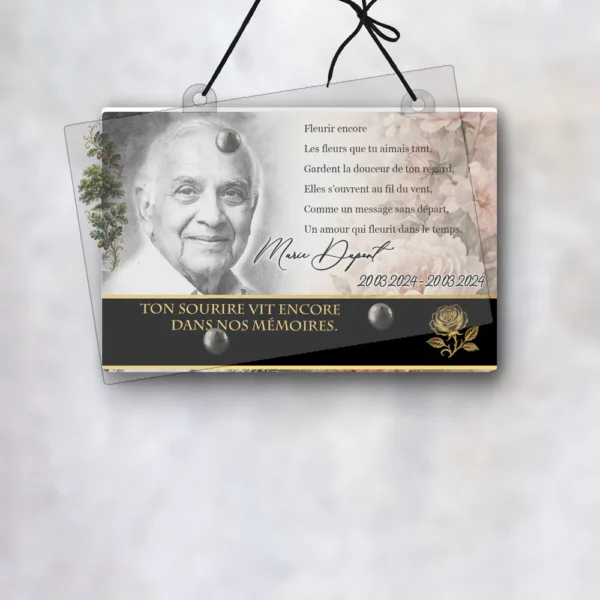 Plaque funéraire panoramique fleurs suspendue par cordelette, kit de fixation inclus, 1er sous-décor
