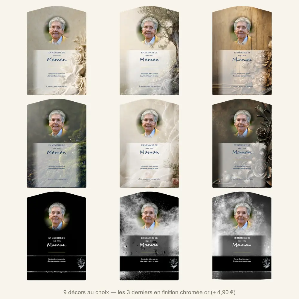 Plaque funéraire stèle Fleurs — neuf décors de fond au choix