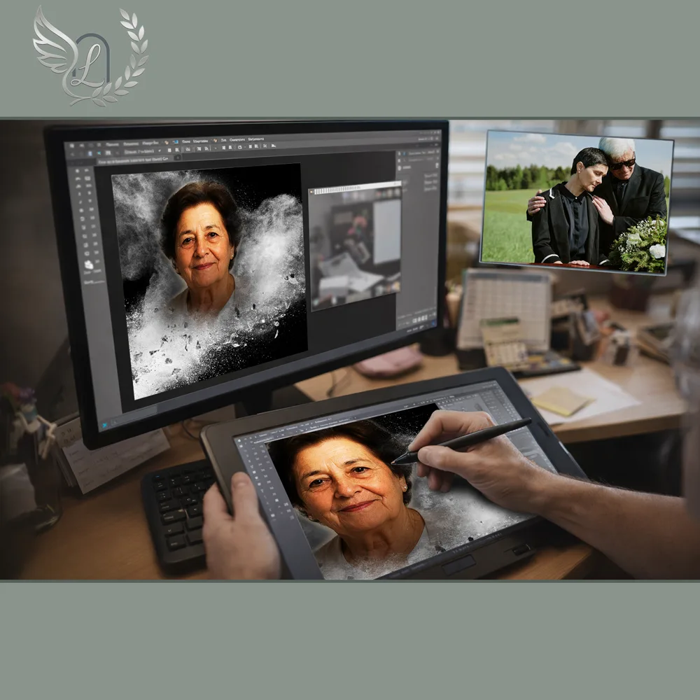 Création artistique plaque funéraire Fleurs sur tablette graphique en studio