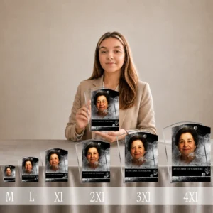 Gamme de plaques funéraires rectangles stèle en plexiglas argent, du format M au 4XI, présentant un portrait de femme et texte gravé, finition chrome brillant