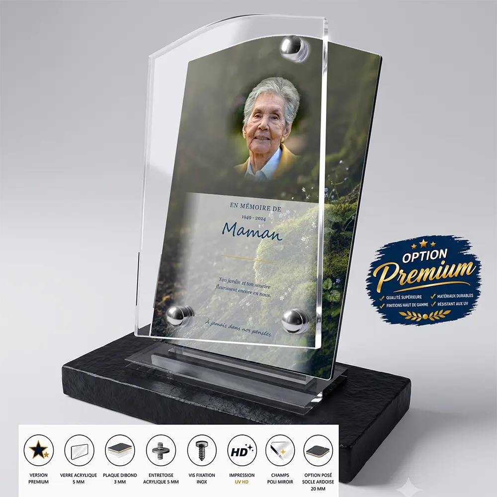 Plaque funéraire stèle Fleurs finition premium présentée sur socle en ardoise