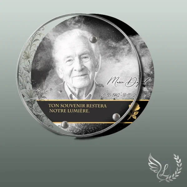Plaque funéraire médaillon rond fleurs collée sur pierre tombale, double-face professionnel inclus, 1er sous-décor du thème