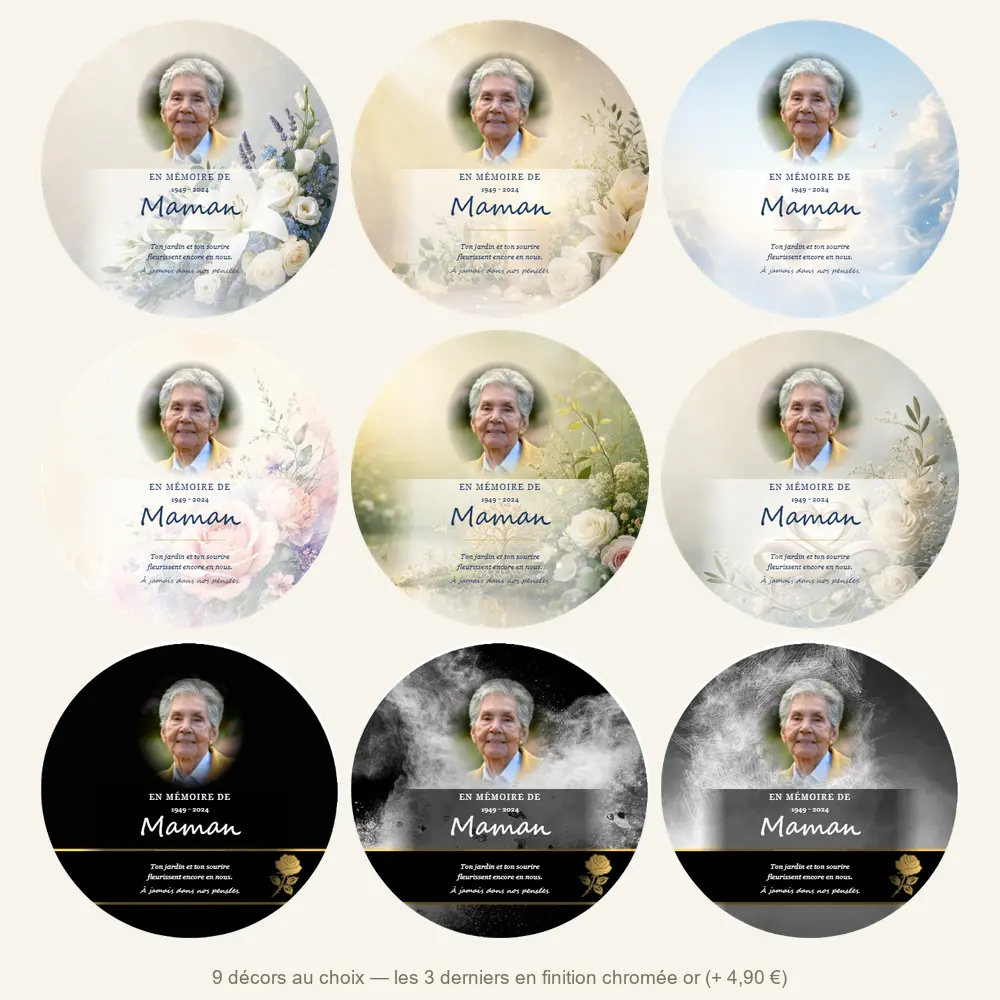 Plaque funéraire circulaire Fleurs — neuf décors de fond au choix