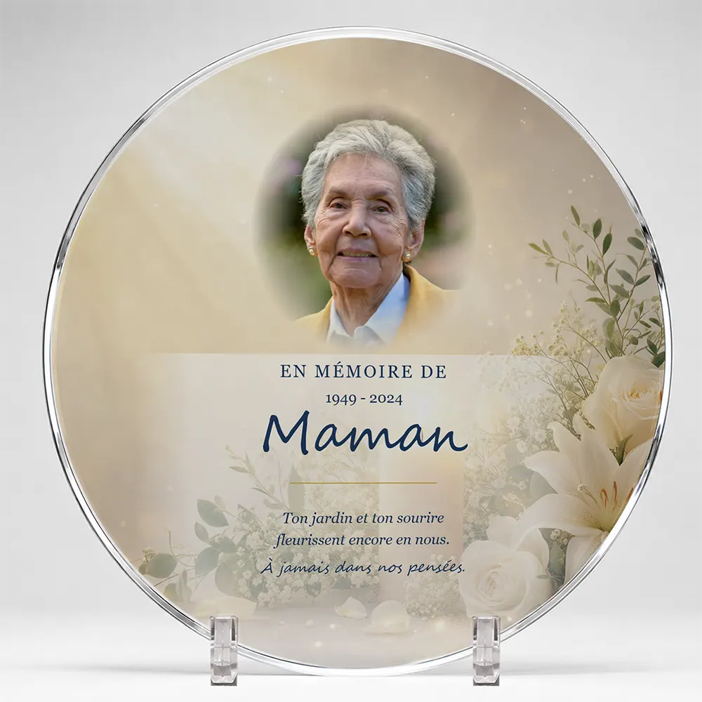 Plaque funéraire circulaire Fleurs personnalisée — portrait, texte libre et fond au choix, présentée sur pied plexi