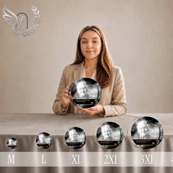 Gamme complète de plaques funéraires circulaires avec finition or, motif floral délicat, présentées en gradation de tailles du petit au grand médaillon.