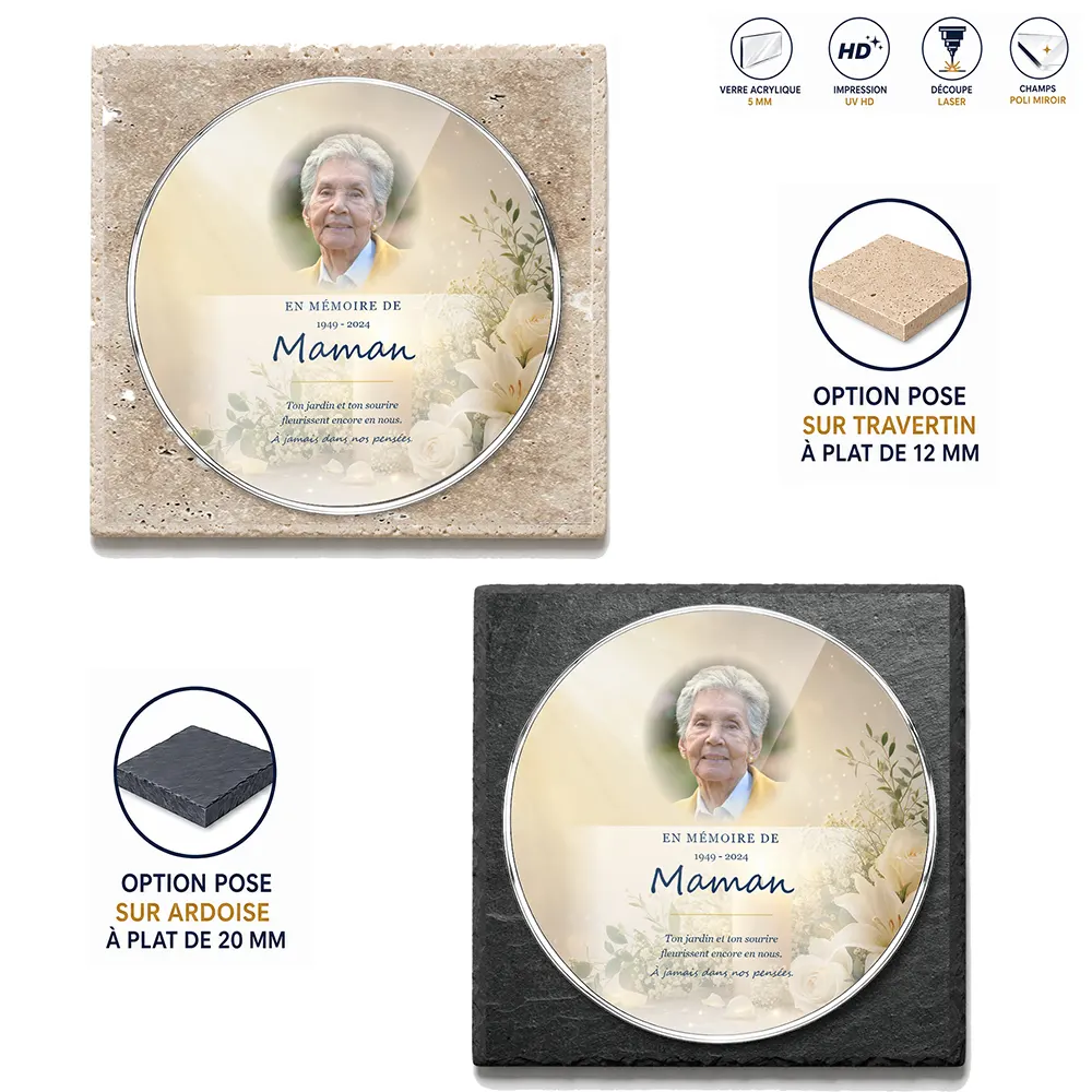 Plaque funéraire circulaire Fleurs — supports au choix, socle ardoise ou travertin