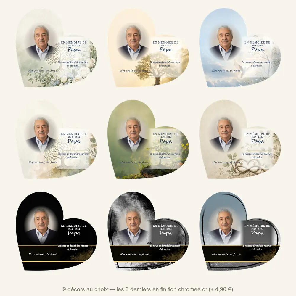 Plaque funéraire cœur Arbres — neuf décors de fond au choix