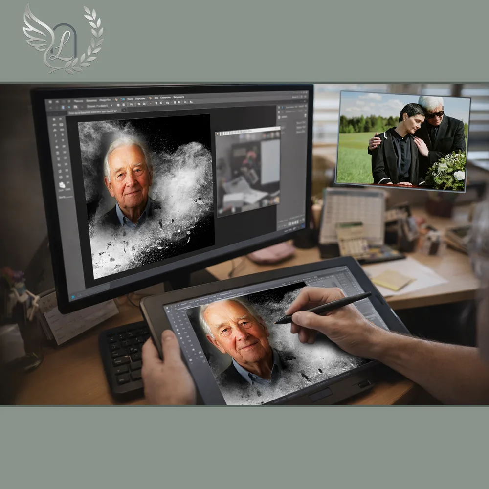 Création artistique plaque funéraire Arbres sur tablette graphique en studio