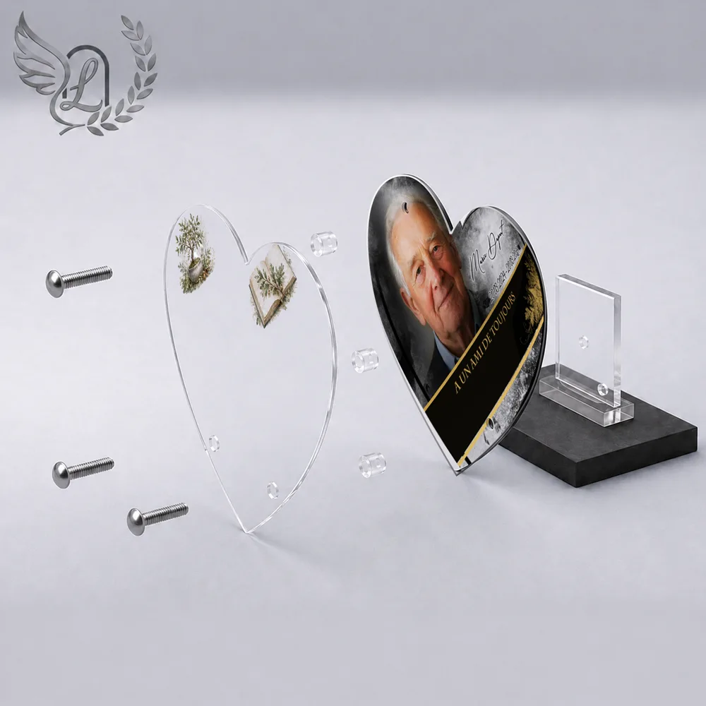 Vue éclatée plaque funéraire Cœur Arbres : construction sandwich plexi imprimé miroir, 3 entretoises, dibond et bloc ardoise