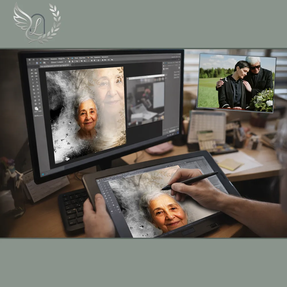 Création artistique plaque funéraire Arbres sur tablette graphique en studio
