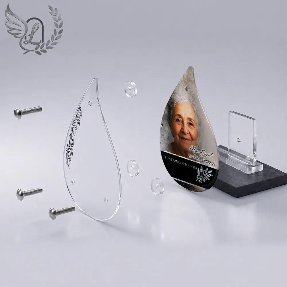 Vue éclatée plaque funéraire Flamme Arbres : construction sandwich plexi imprimé miroir, 3 entretoises, dibond et bloc ardoise