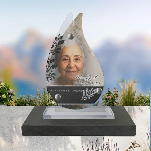 Plaque funéraire flamme arbres posée sur socle ardoise du Brésil, fixation inox, 1er sous-décor