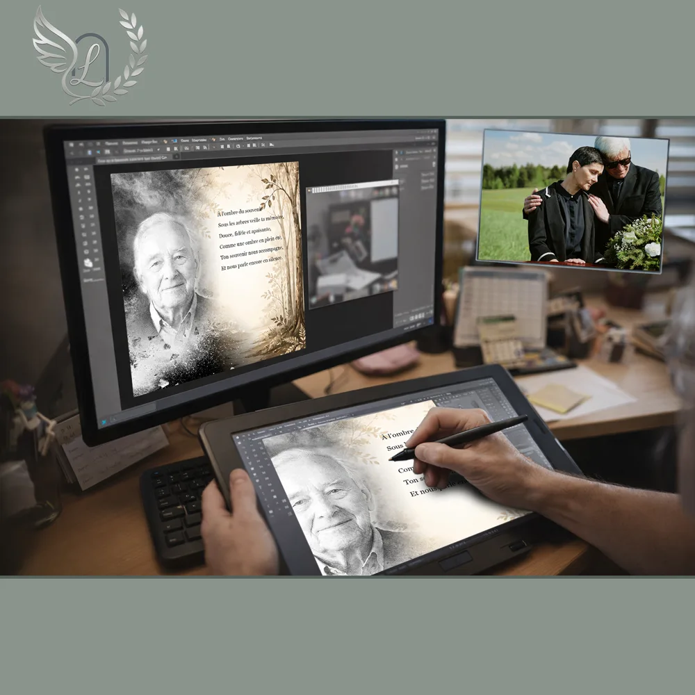 Création artistique plaque funéraire Arbres sur tablette graphique en studio