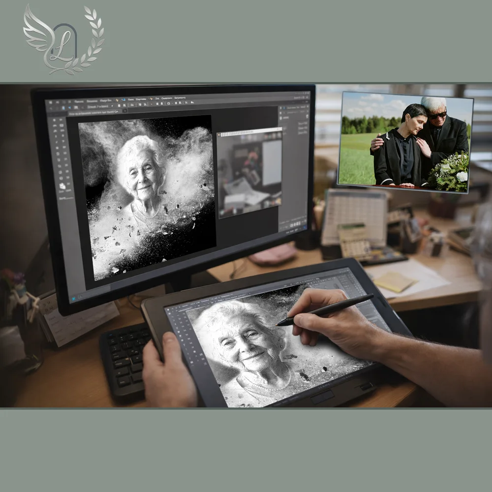 Création artistique plaque funéraire Arbres sur tablette graphique en studio