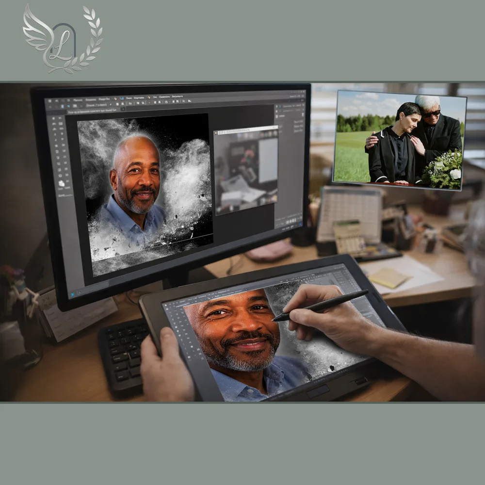 Création artistique plaque funéraire Arbres sur tablette graphique en studio