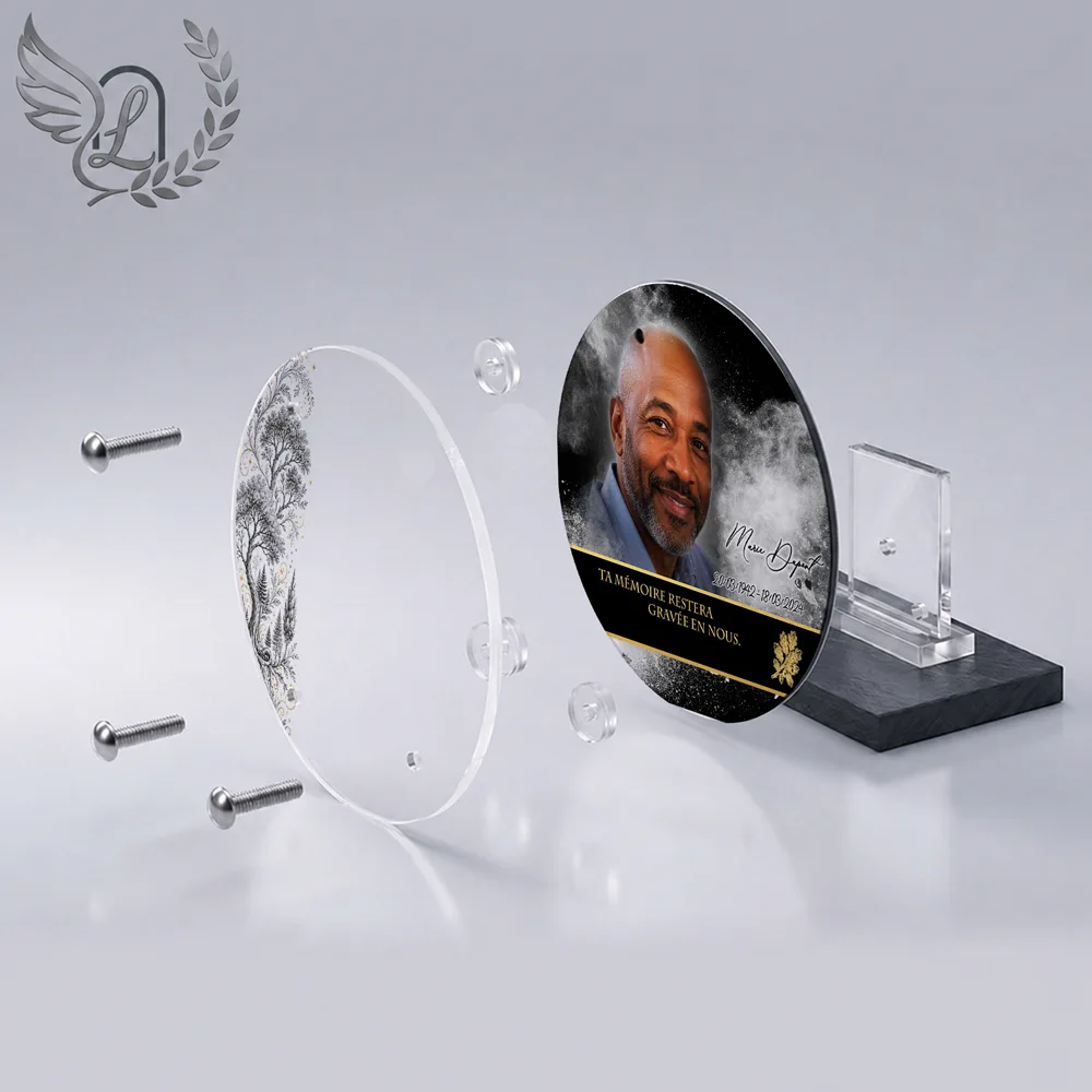 Vue éclatée plaque funéraire Circulaire Arbres : construction sandwich plexi imprimé miroir, 3 entretoises, dibond et bloc ardoise