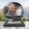 Plaque funéraire médaillon rond arbres posée sur socle ardoise du Brésil, fixation inox, 1er sous-décor