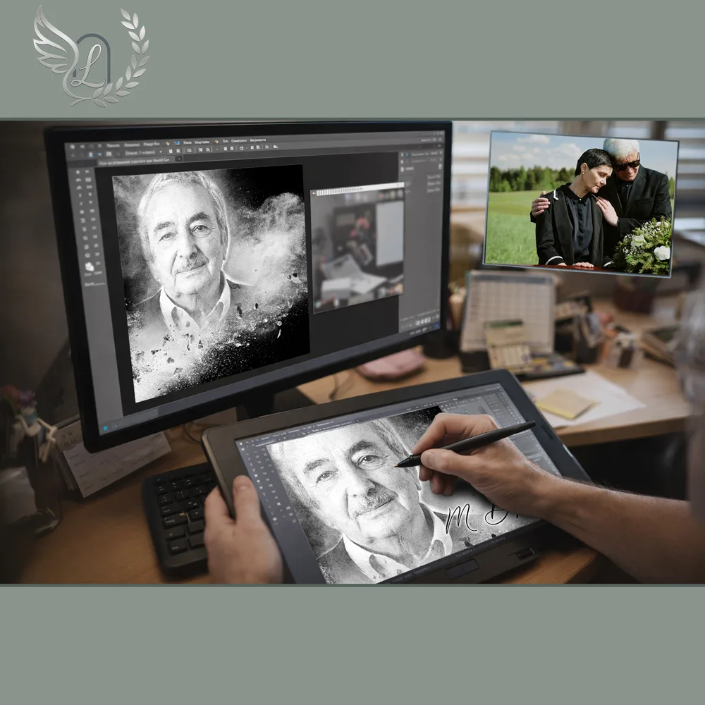 Création artistique plaque funéraire Montagne sur tablette graphique en studio