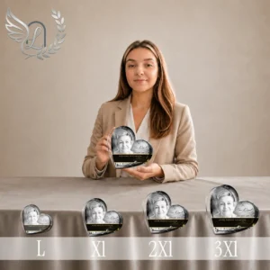 Gamme de plaques funéraires en forme de cœur finition or, présentées en cinq tailles croissantes, avec portrait photographique et texte gravé, style montagne épuré