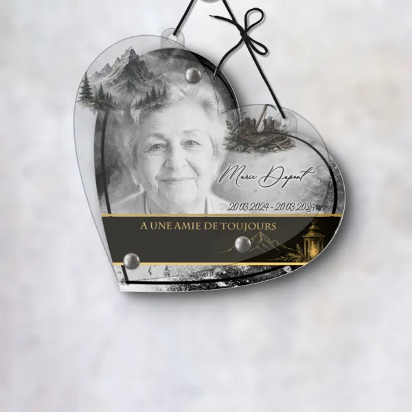 Plaque funéraire cœur montagne suspendue par cordelette, kit de fixation inclus, 1er sous-décor