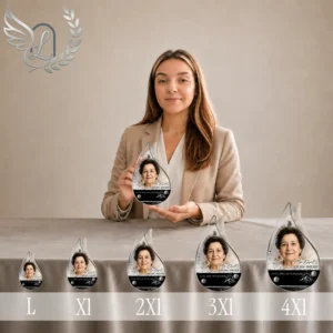 Gamme de plaques funéraires en forme de flamme avec finition argent, présentées du format L au 4XL, thème montagne avec portrait personnalisé, design épuré et élégant