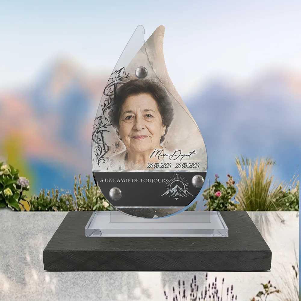Plaque Flamme Montagne à poser sur socle ardoise du Brésil